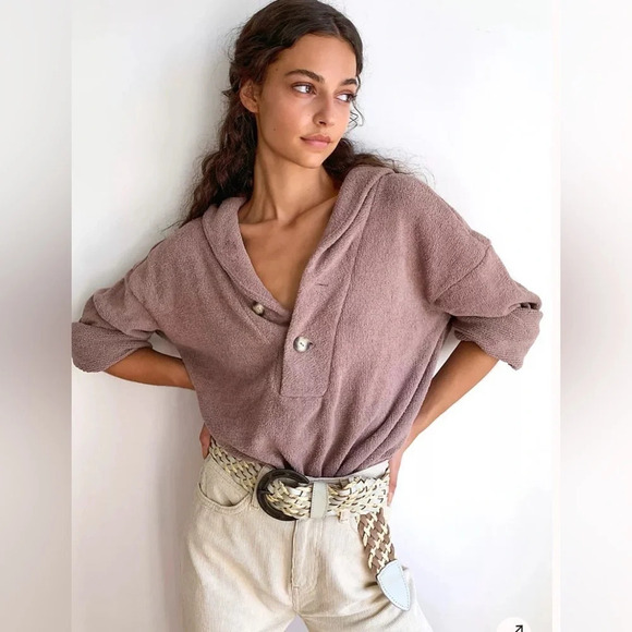 Free People Bino Pullover Mauve Boho 2 Button Collar Textured Knit Oversized XS - Picture 3 of 9